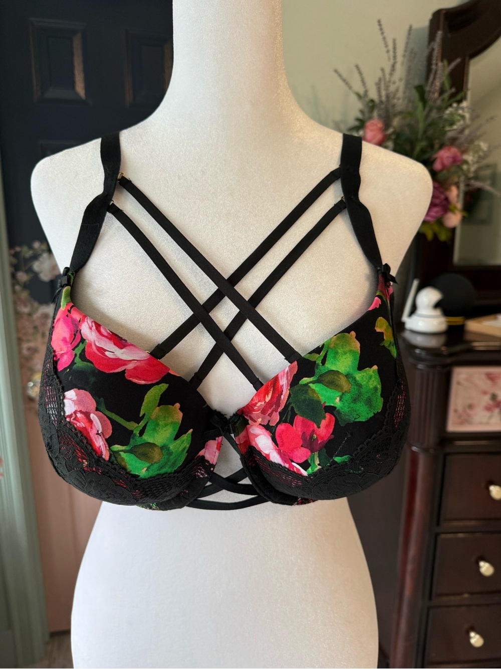 Cacique Black Floral Strappy Push-Up Bra with Pink & Green Accents